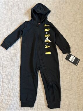 Jordan Black Hooded Baby One-Piece with Gold Logo